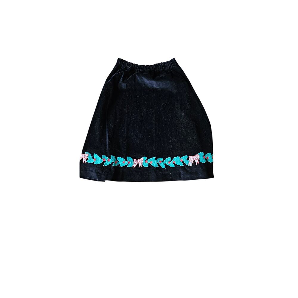 Vintage Eagle's Eye Black Velvet Emb Holly Berries‎ Christmas Midi Skirt 28 S M
